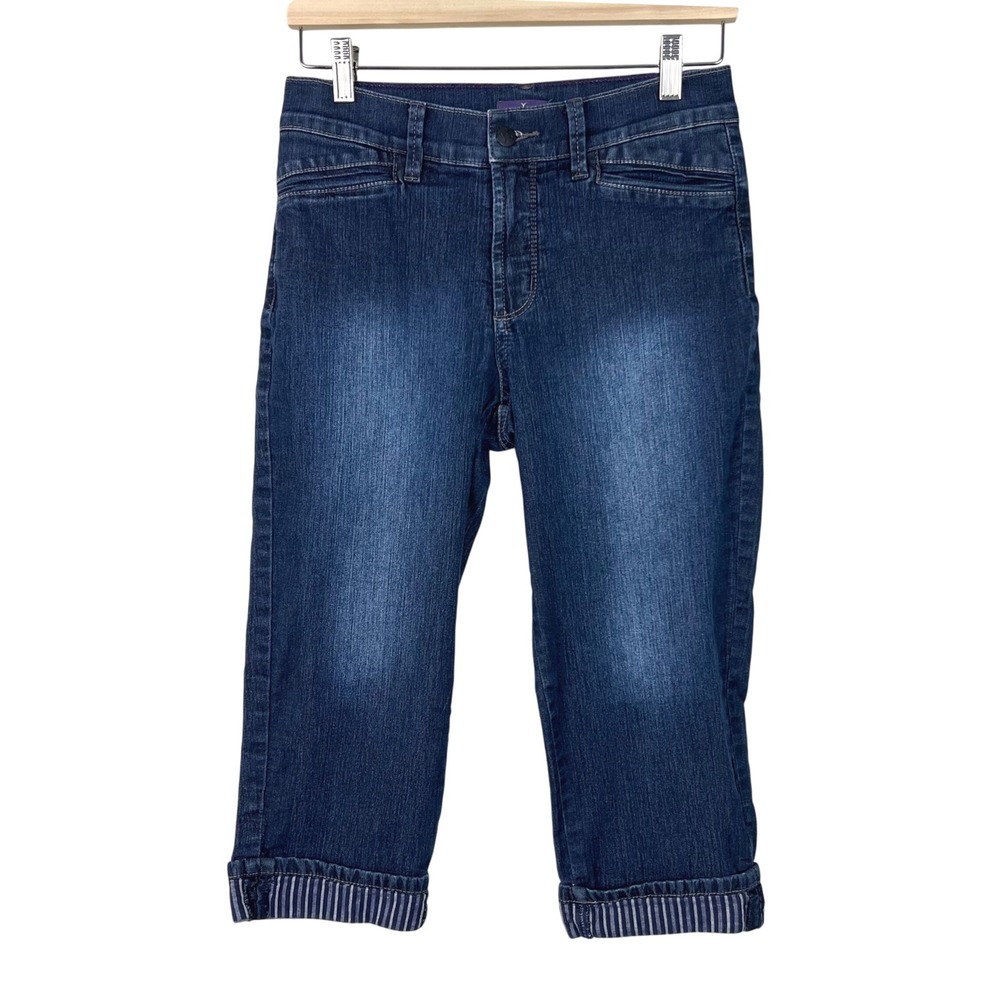 NYDJ Womens Petite 4P Dark Wash Lift Tuck Technology Striped Cuff Crop Jeans